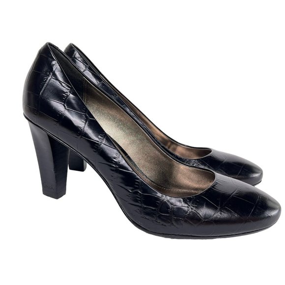 Coach Maxey Black Croc Embossed Leather Pumps Round Closed Toe Heels Size 5.5 - Picture 1 of 14
